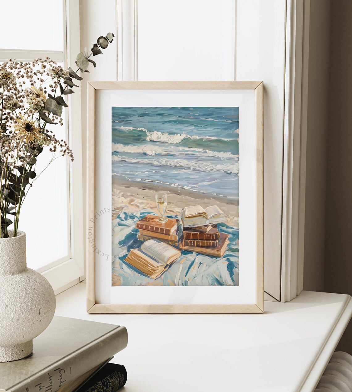 Books and Wine on the Beach Coastal Summer Oil Painting Poster - Image 8