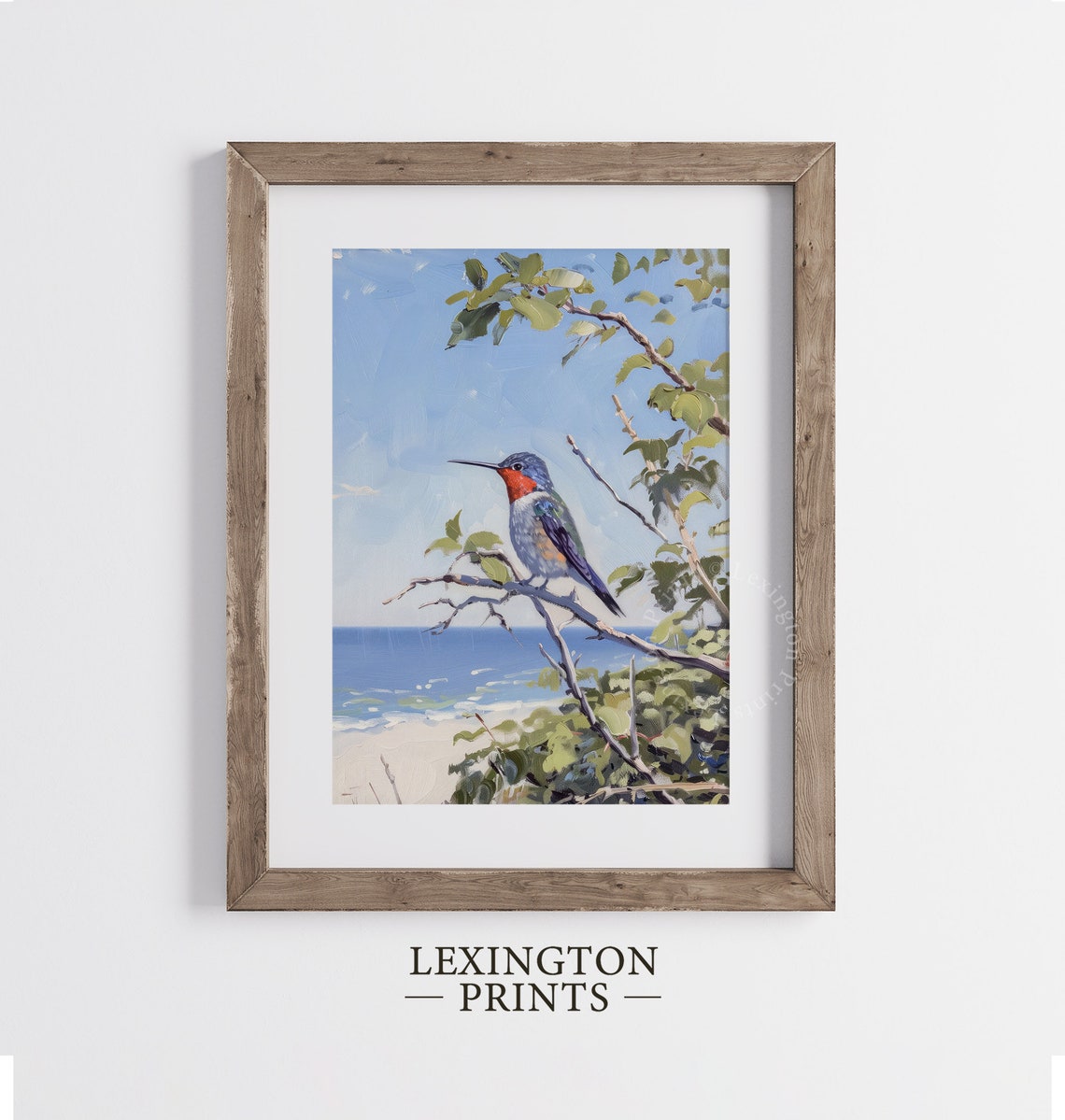 Ruby Throated Hummingbird on Branch Over Ocean Painting Poster - Image 4