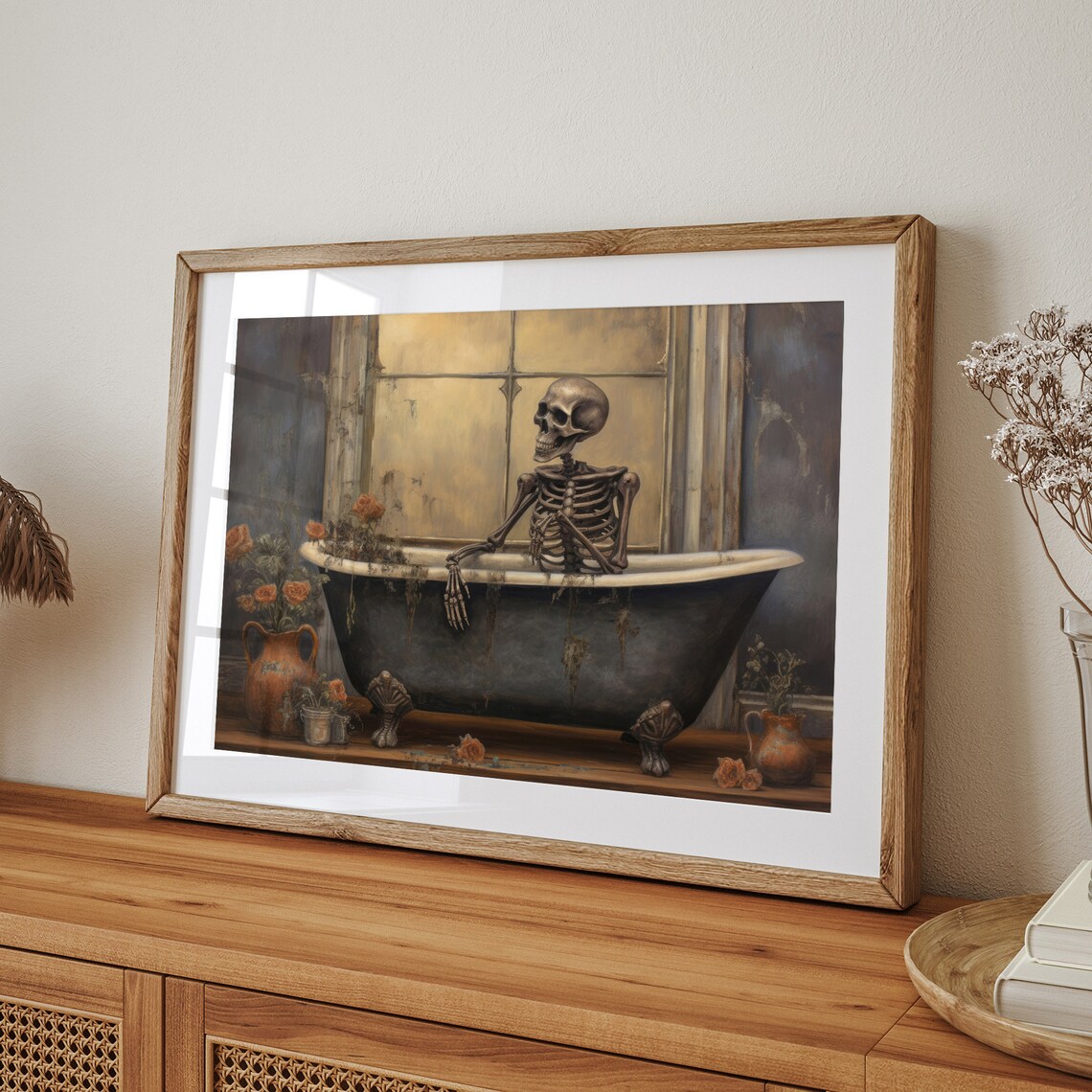 Skeleton in Vintage Clawfoot Bathtub Moody Halloween Wall Art - Image 6