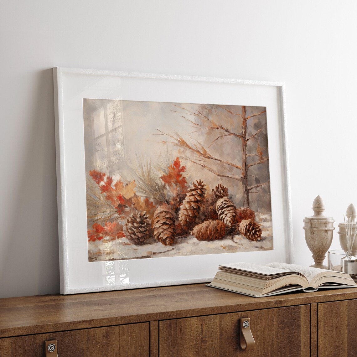 Pinecones and Autumn Leaves Woodland Still Life Oil Painting Poster - Image 5