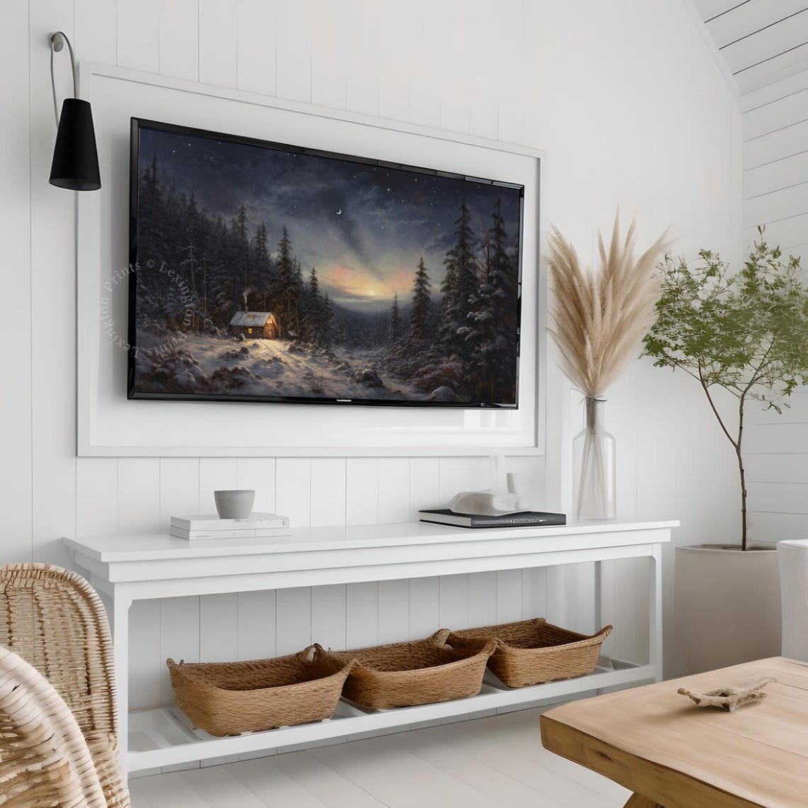 Snowy Cabin Night Forest Crescent Moon Starry Sky Frame TV Art Poster - Image 3