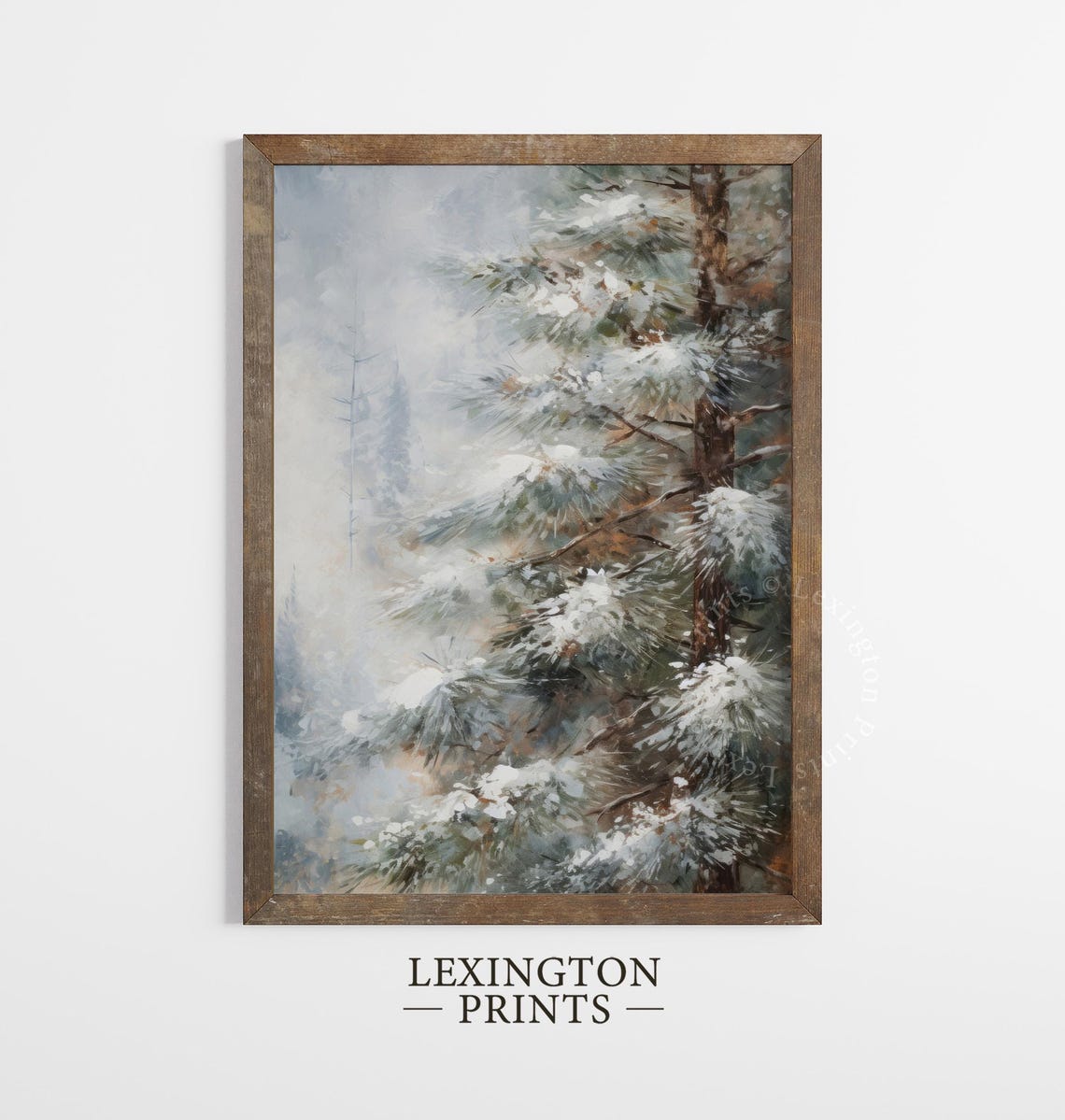 Snow Covered Pine Tree Branches Misty Winter Forest Close Up Poster - Image 2
