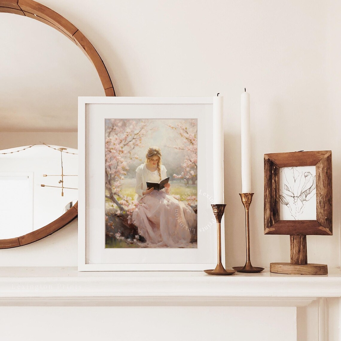 Woman Reading Book under Cherry Blossoms Pink Spring Garden Poster - Image 2