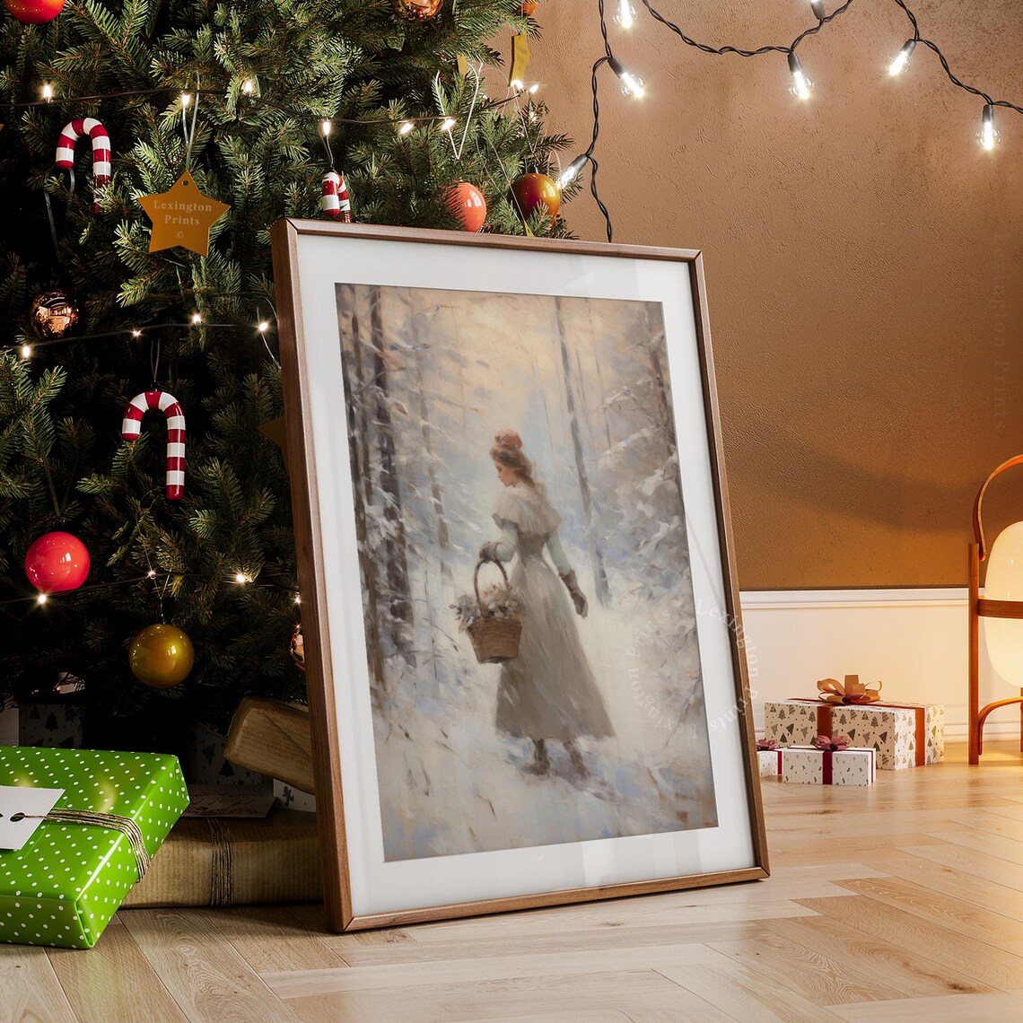 Woman Winter Forest Snowy Basket Vintage Moody Painting Poster - Image 4