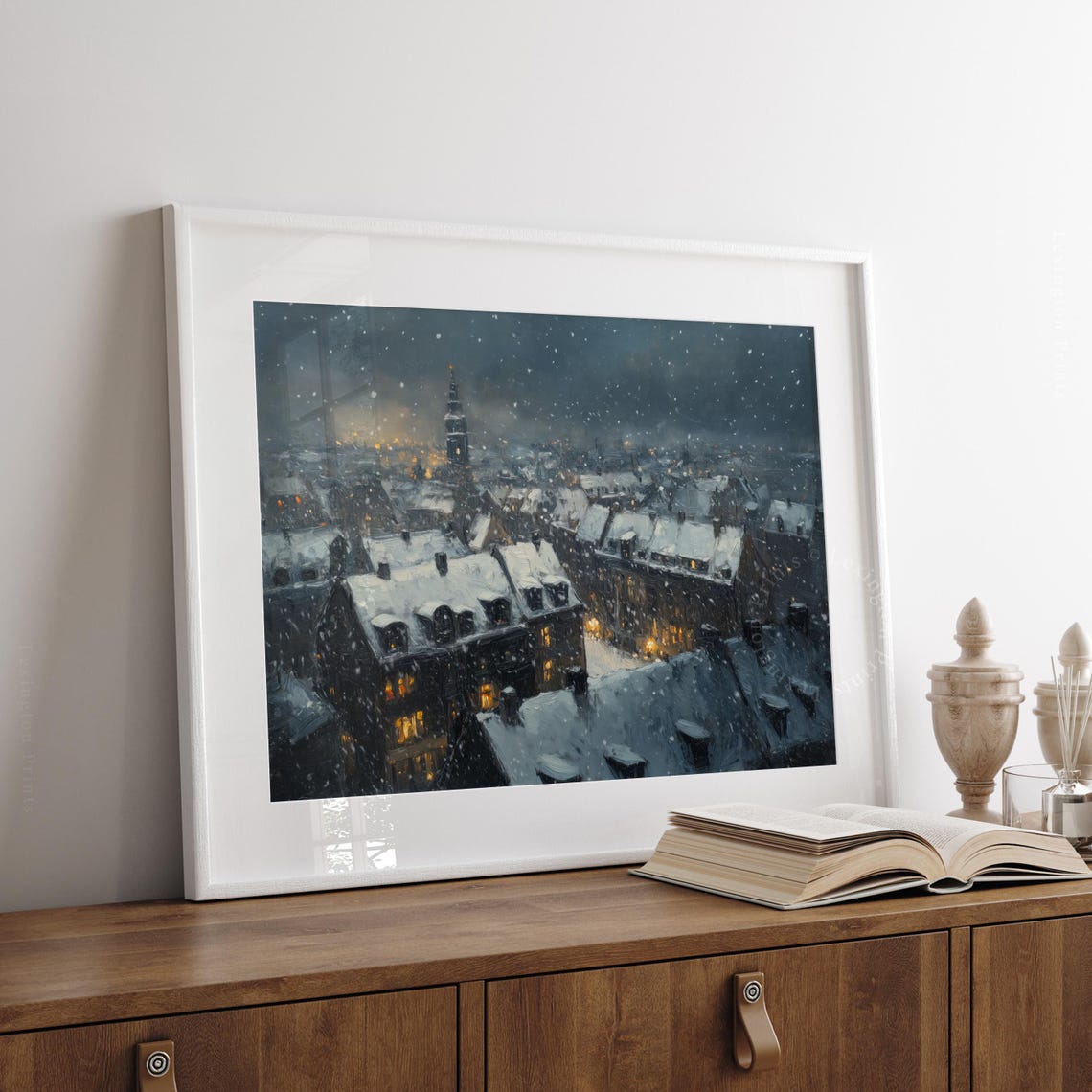 Snowy City Rooftops at Night with Glowing Windows Winter Poster - Image 5