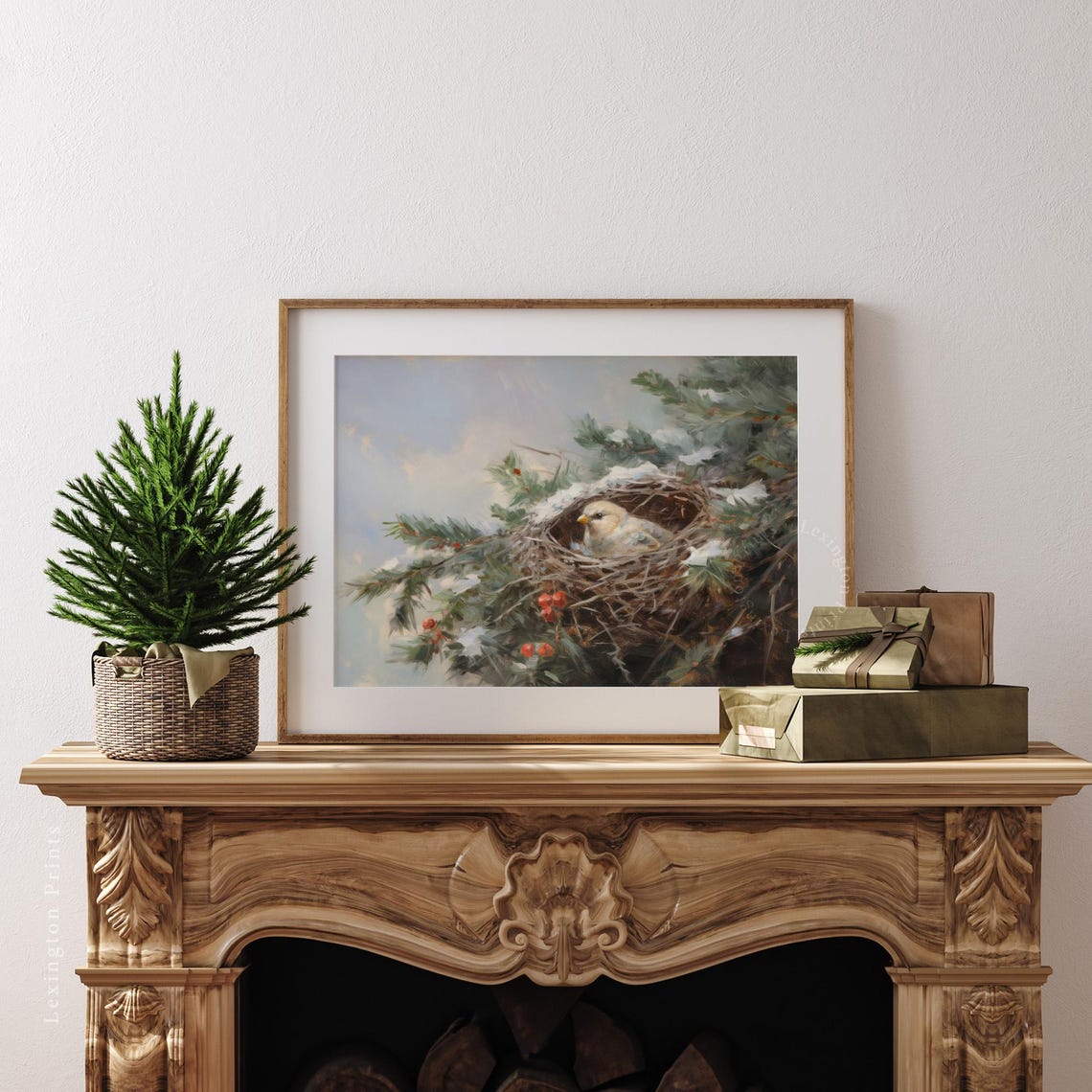 Tiny Cream Bird Resting In Snowy Pine Nest With Red Berries Poster - Image 4