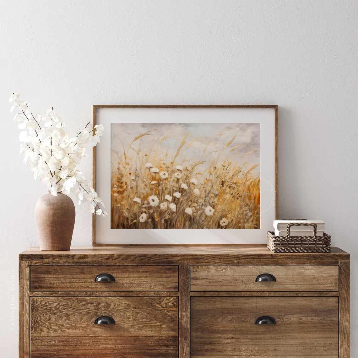 Golden Wheat Field White Wildflowers Impressionist Fall Meadow Painting Poster - Image 4