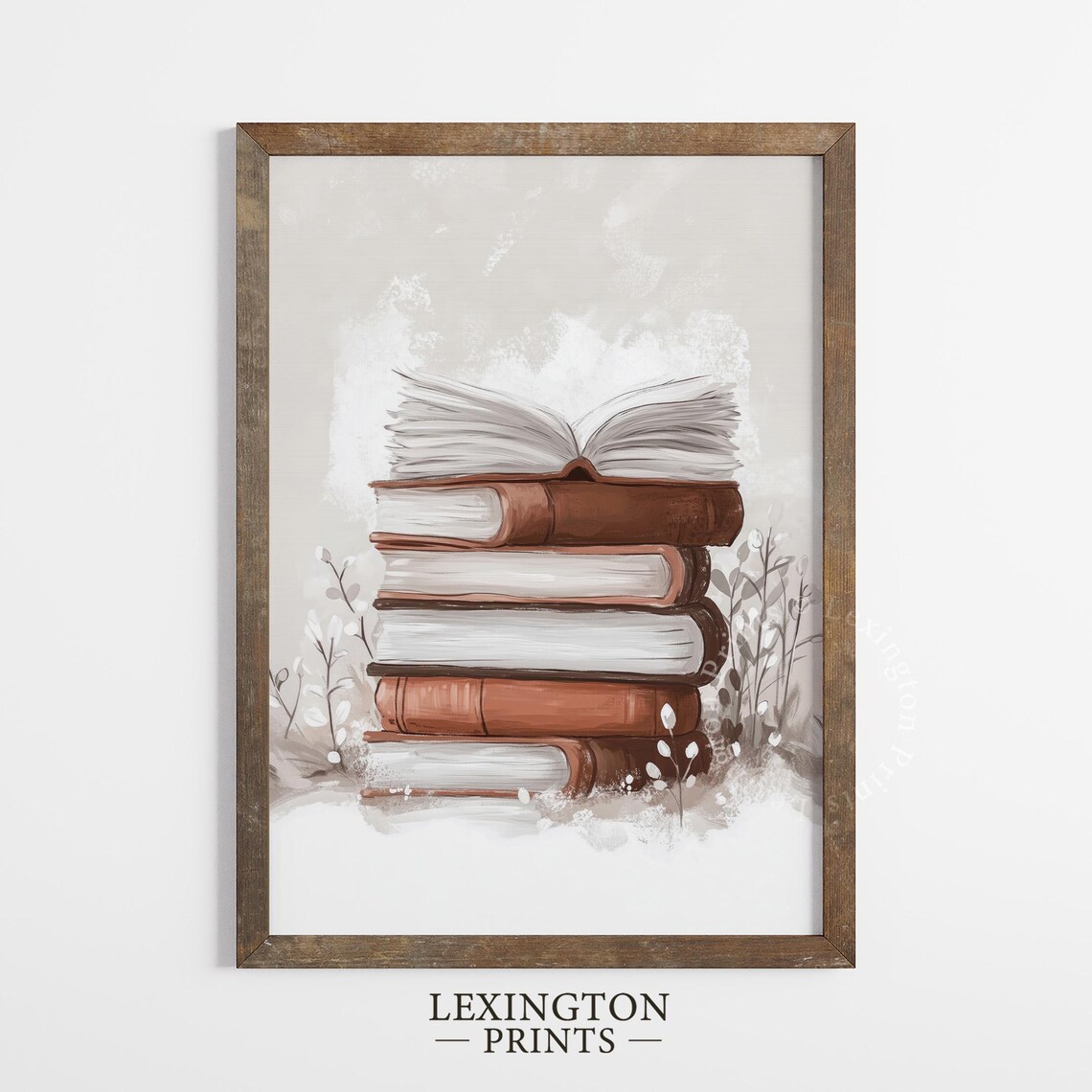 Stack of Books with Open Book Neutral Winter Reading Room Wall Art - Image 6