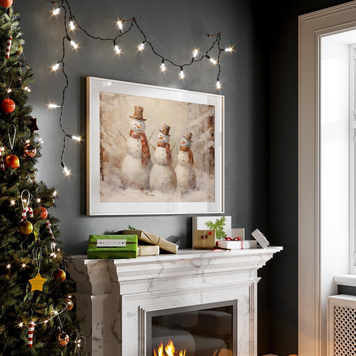 Three Vintage Snowmen in Winter Forest Christmas Scene Poster - Image 7