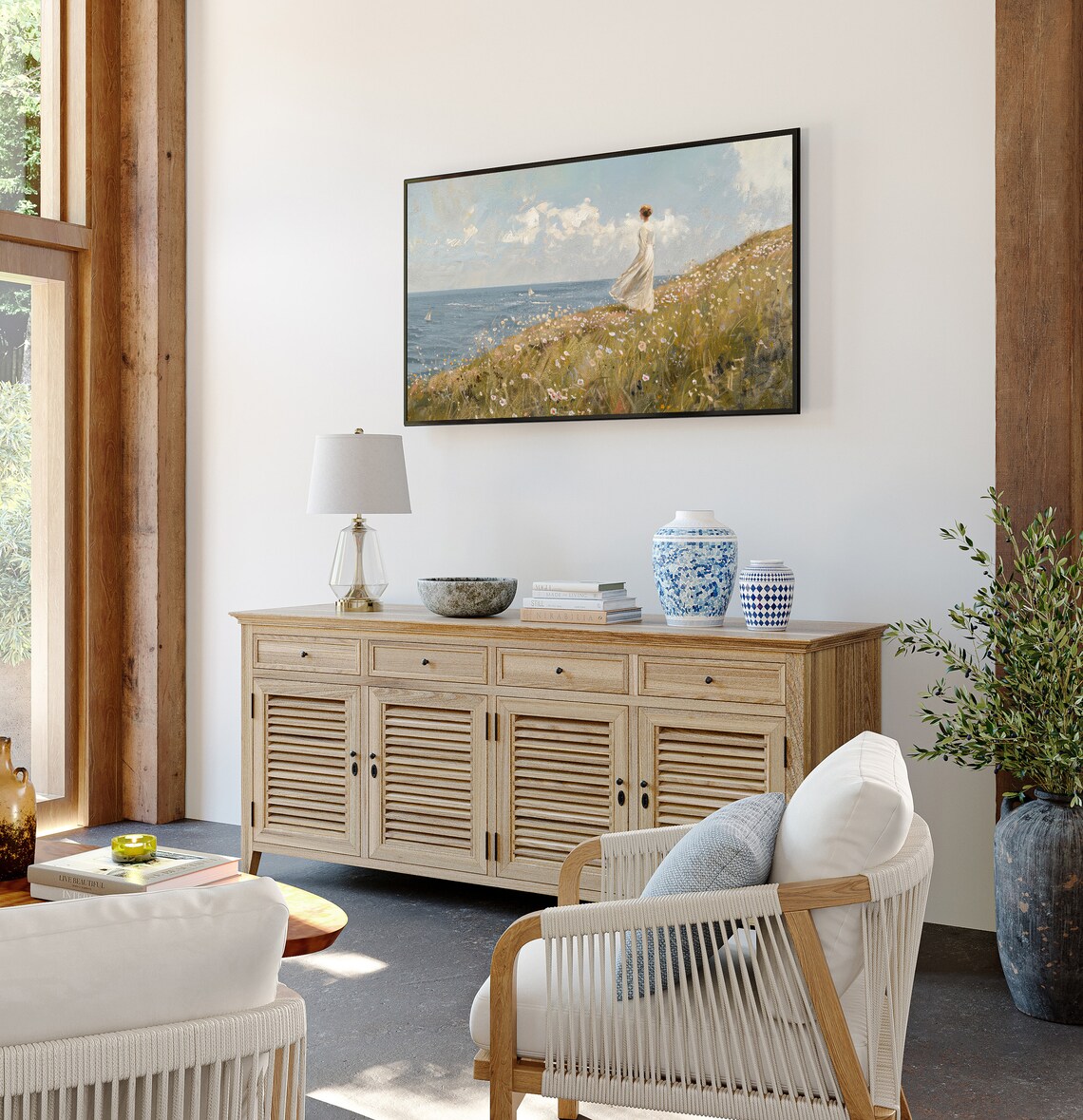 Woman on a Wildflower Cliff Above the Sea Coastal Painting Poster - Image 2