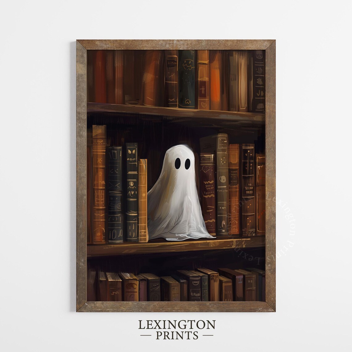 Little Ghost on Old Library Bookshelf Vintage Halloween Wall Art - Image 5