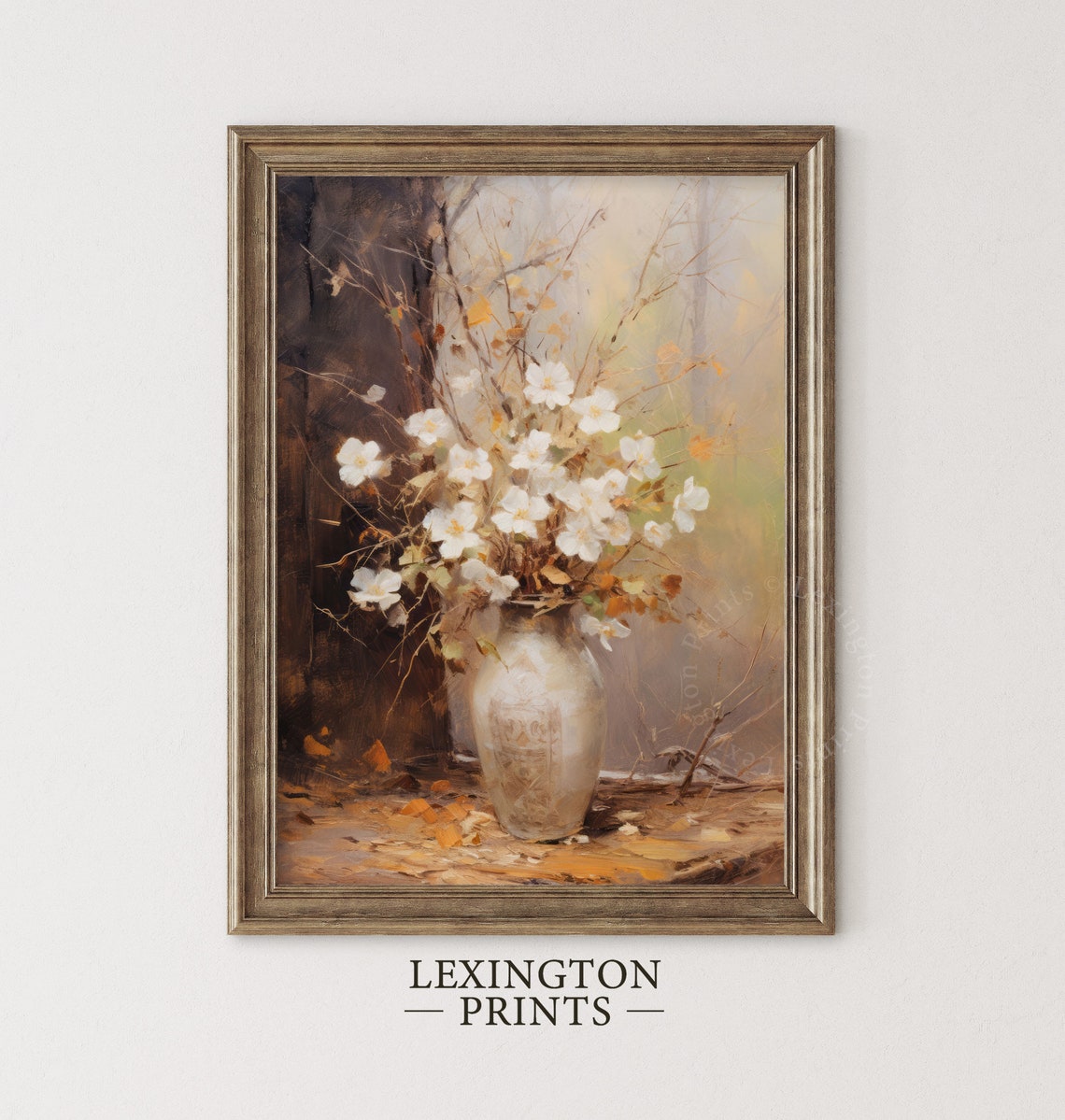 White Wildflowers in Rustic Vase Vintage Floral Decor Poster - Image 3