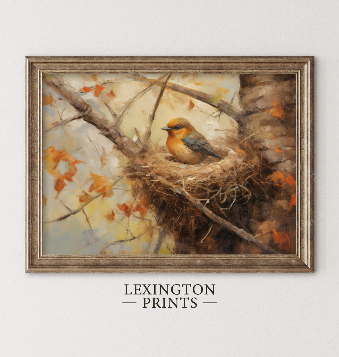 Orange Breasted Bird Resting in Nest Among Autumn Branches Poster - Image 5