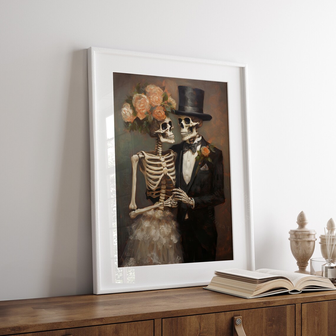 Skeleton Bride and Groom Wedding Portrait Vintage Halloween Wall Art - Image 3