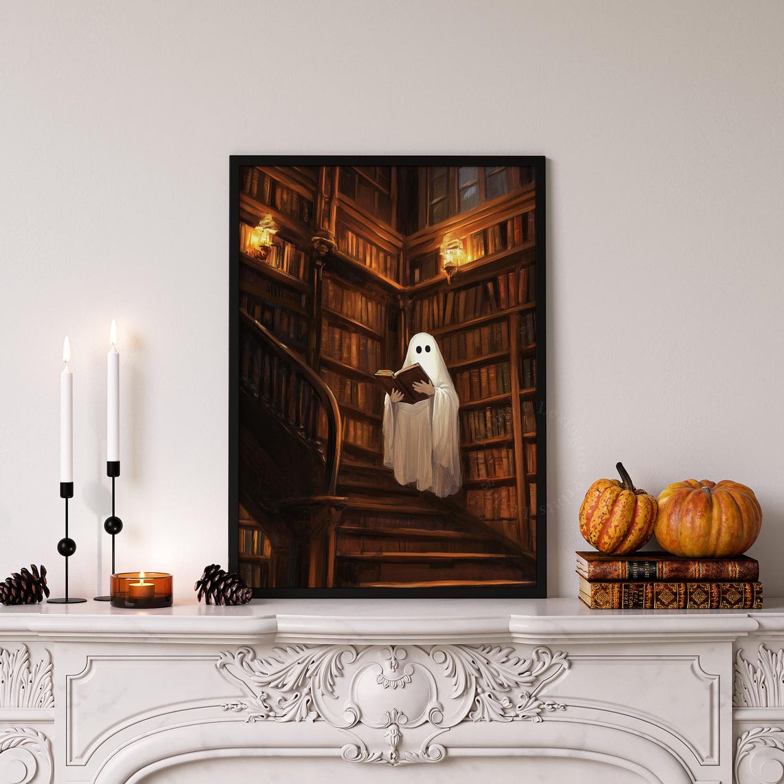 Cute Ghost Reading Book in Spooky Library Halloween Vintage Wall Art - Image 6