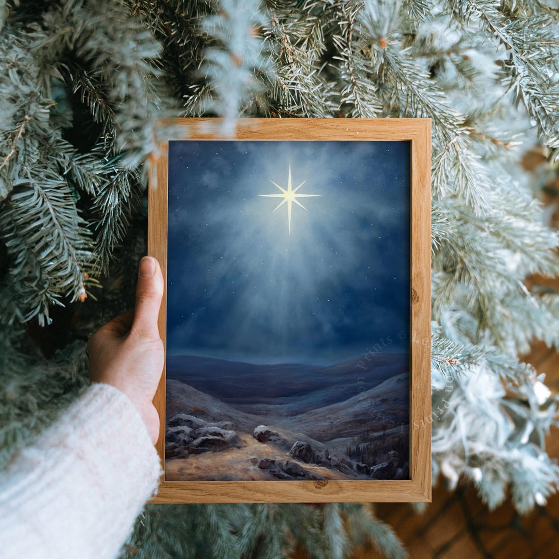 Bright Bethlehem Star Over Moonlit Rocky Hills Night Sky Print - Image 4