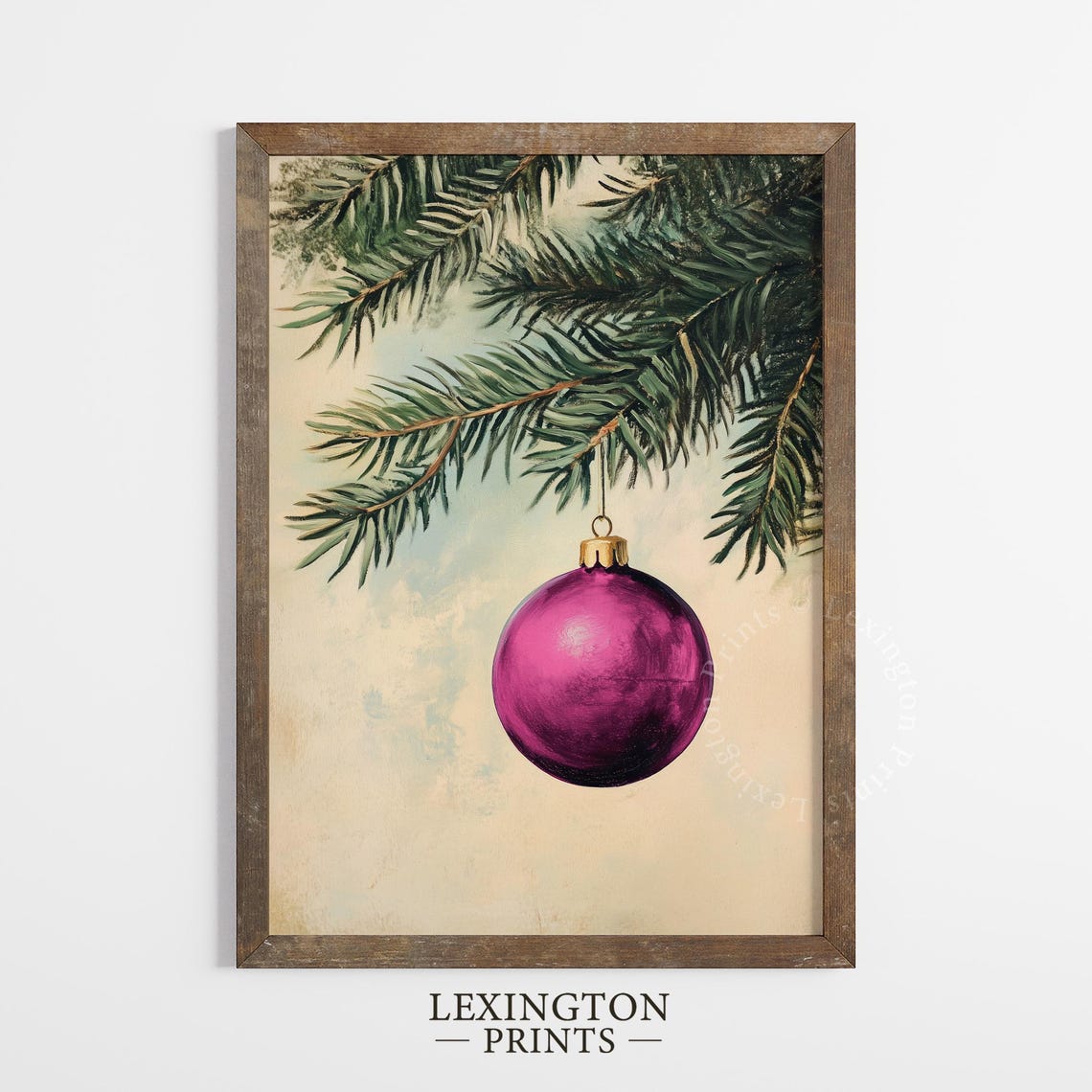 Magenta Christmas Ornament on Pine Branch Vintage Holiday Poster - Image 3