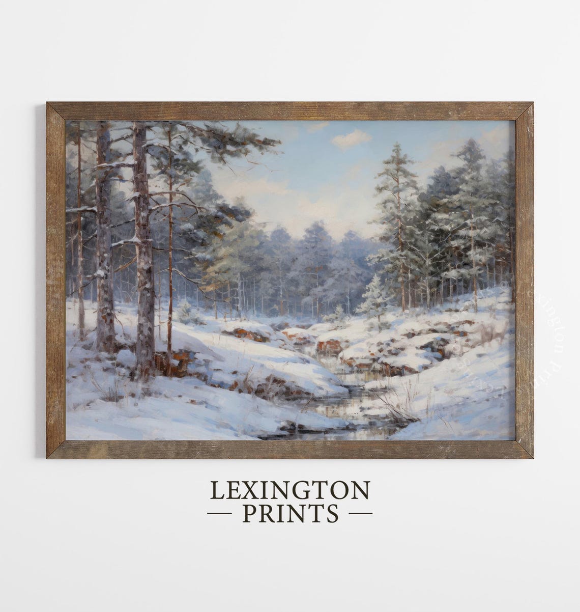 Frozen Creek Snowy Pine Forest Blue Winter Landscape Painting Poster - Image 2