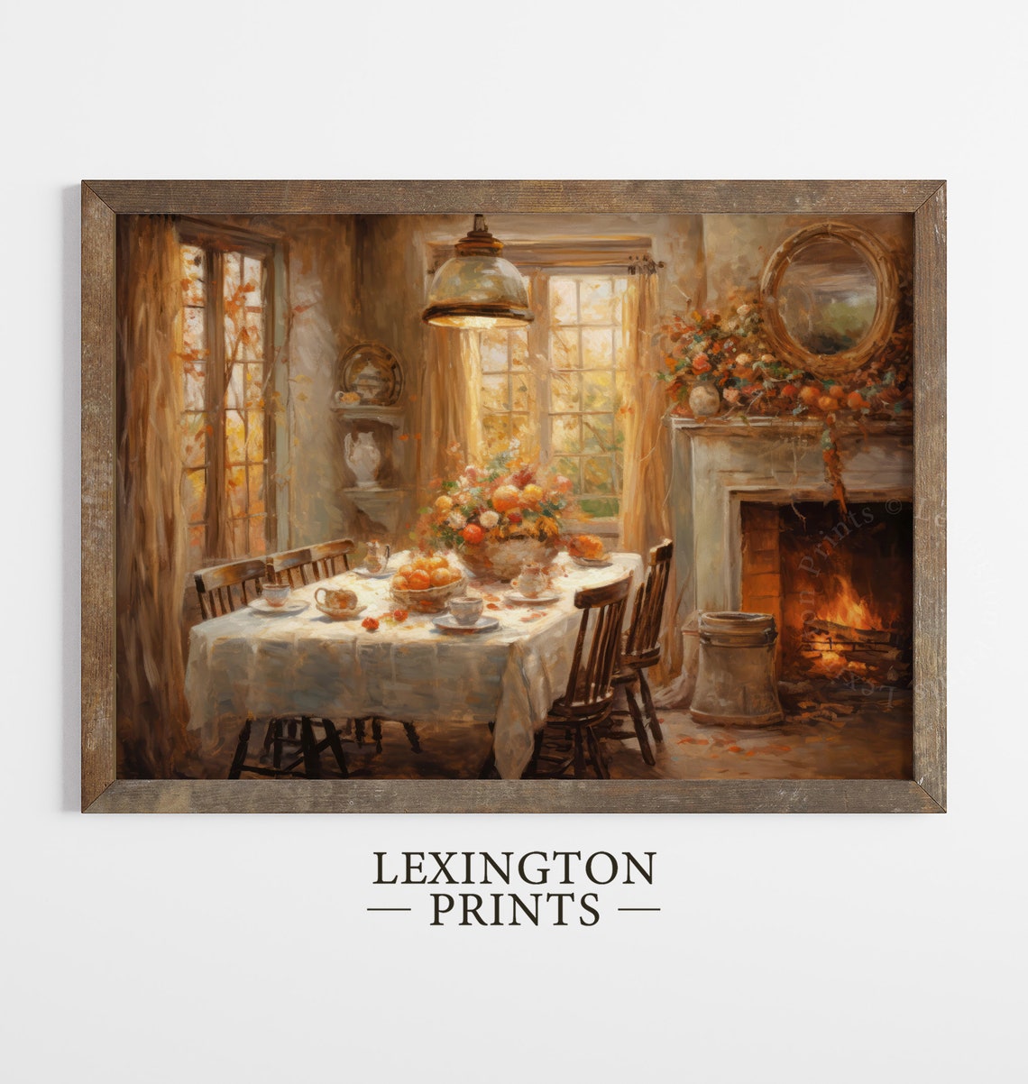 Cozy Autumn Dining Room with Fireplace Warm Fall Kitchen Wall Art - Image 4