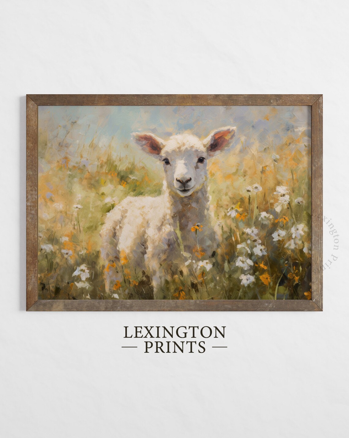 Sweet Lamb in Wildflower Meadow Soft Oil Painting Animal Wall Art - Image 2