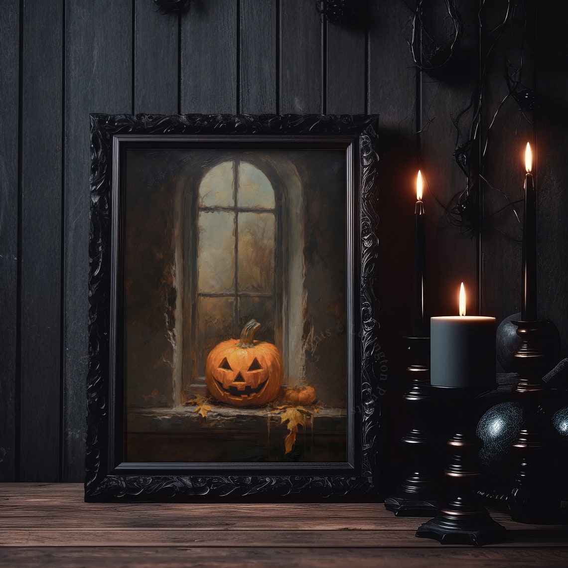 Jack-o-Lantern on Dark Arched Window Sill Moody Oil Painting Poster - Image 4