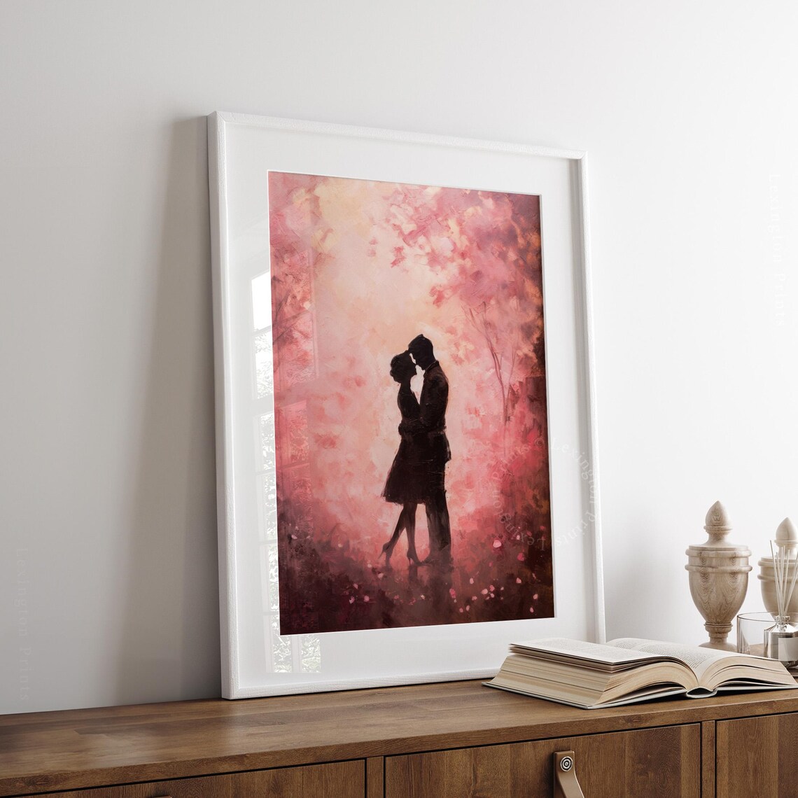 Romantic Couple Silhouette Kiss Pink Blossom Oil Painting Love Poster - Image 3