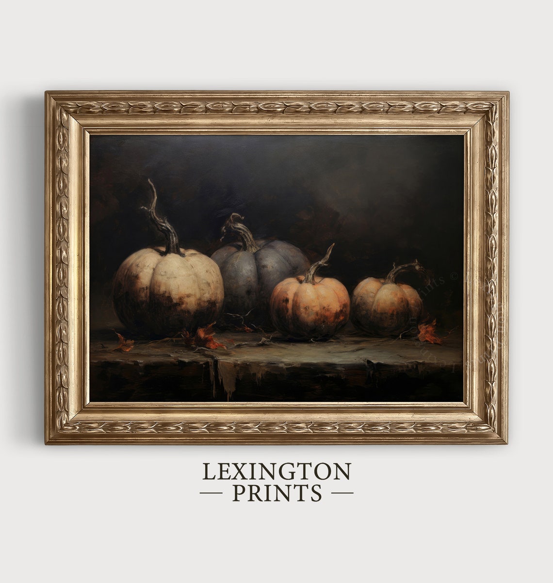 Dark Moody Pumpkin Still Life Autumn Harvest Oil Painting Poster - Image 2