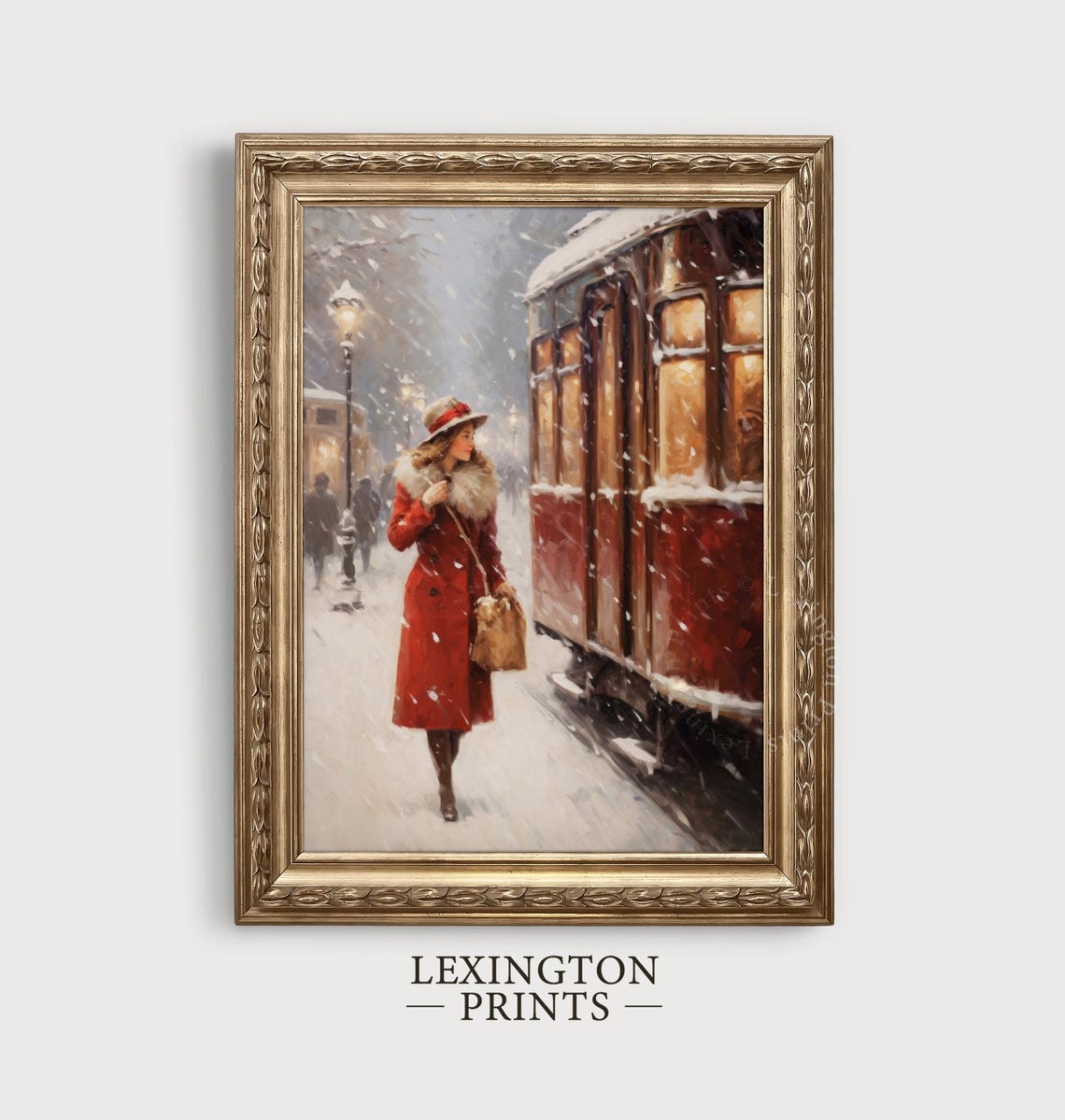 Vintage Christmas Wall Art Woman Christmas Oil Painting Christmas Decor Vintage 1950s Winter Print City Train Art Holiday Art Winter Art 309 - Image 4