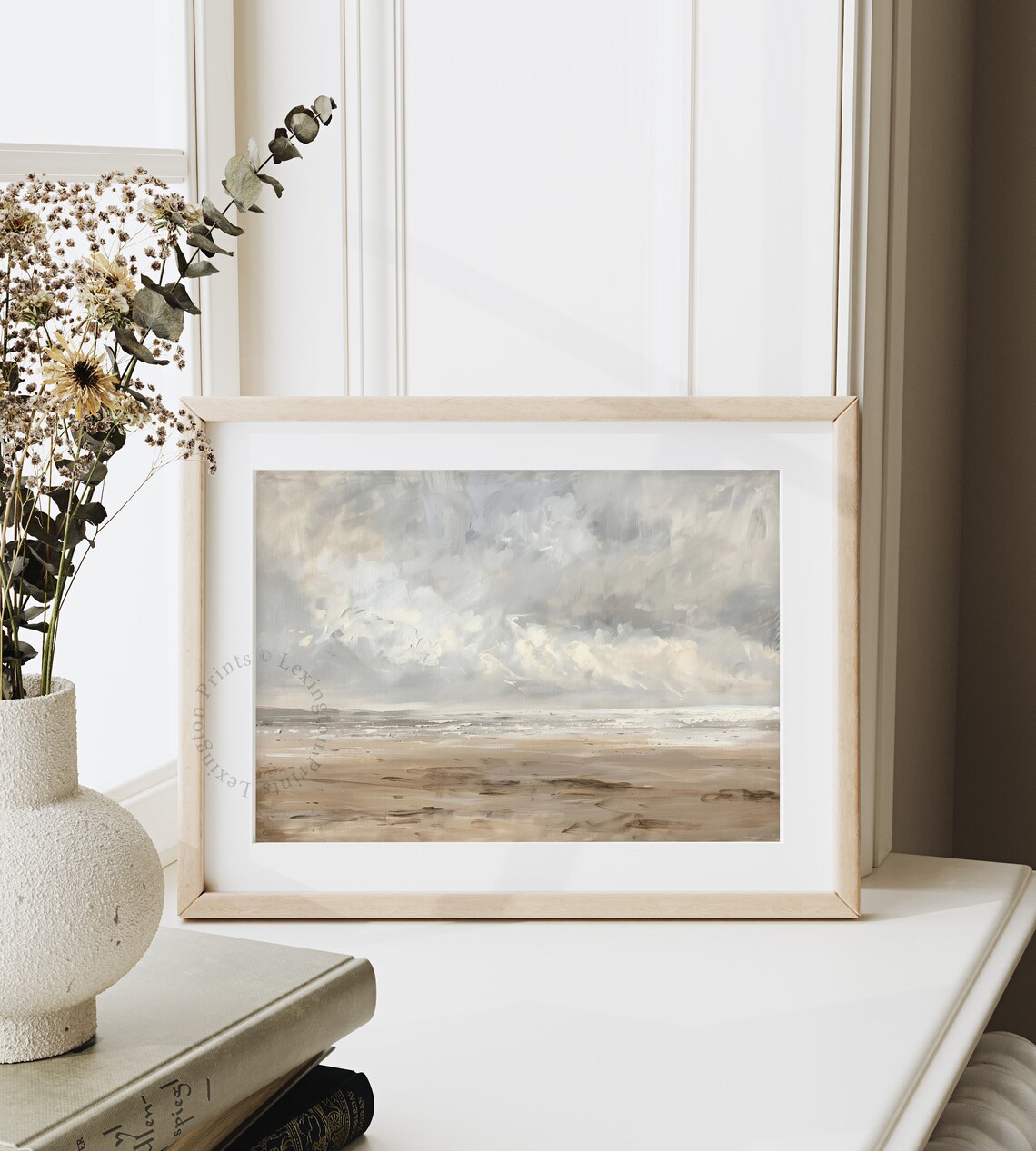 Misty Beach Seascape Oil Painting Neutral Coastal Wall Poster - Image 4