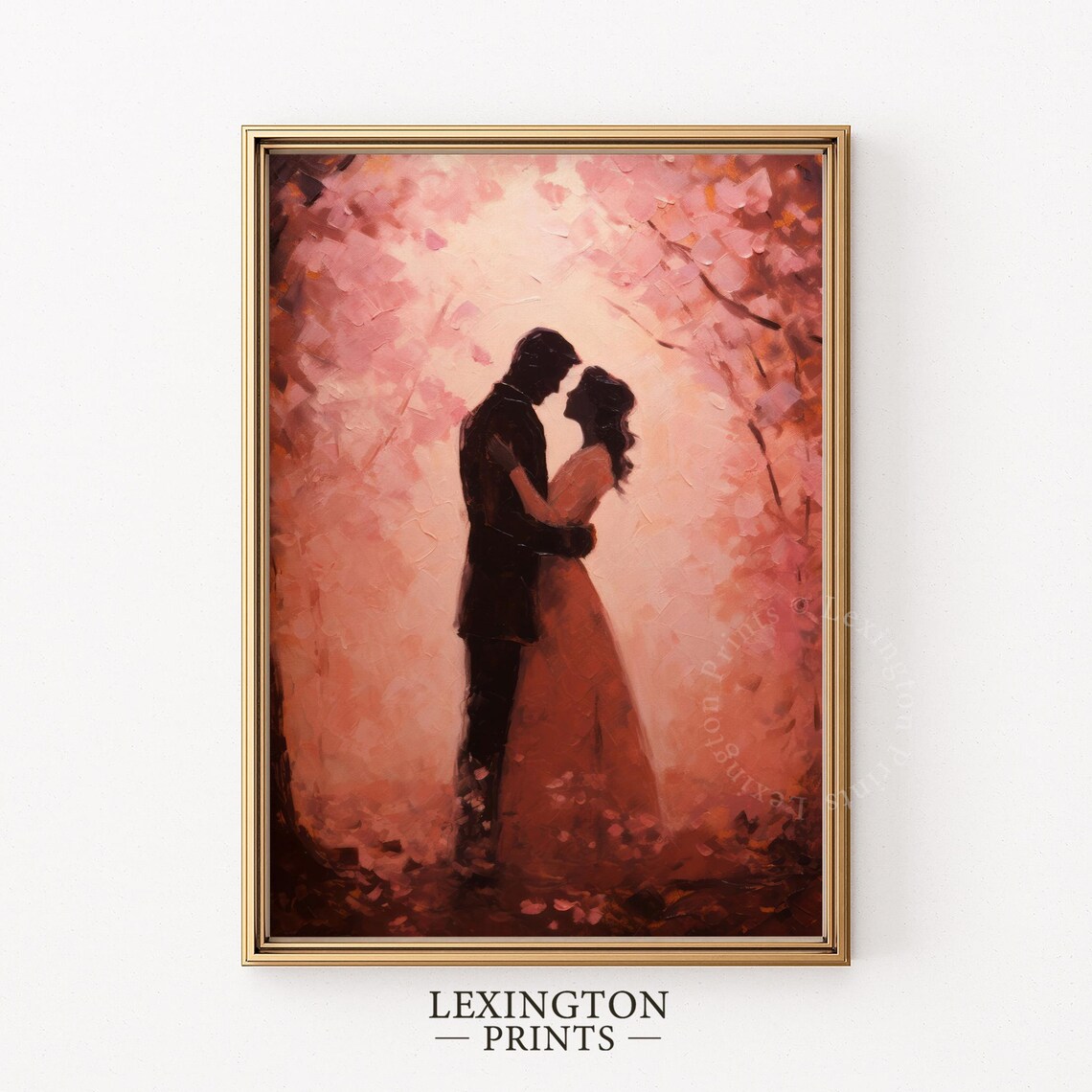Romantic Couple Silhouette Embracing in Pink Blossom Trees Poster