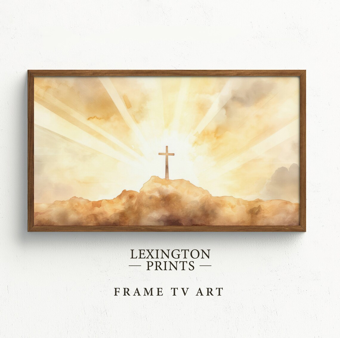 Cross On Hill Golden Sunrise Watercolor Frame TV Art Christian Poster - Image 5