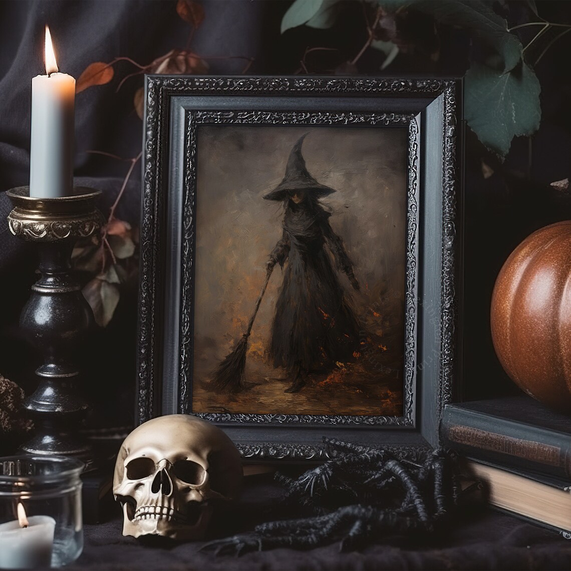 Dark Witch In Cloak Holding Broomstick Moody Halloween Oil Poster - Image 7