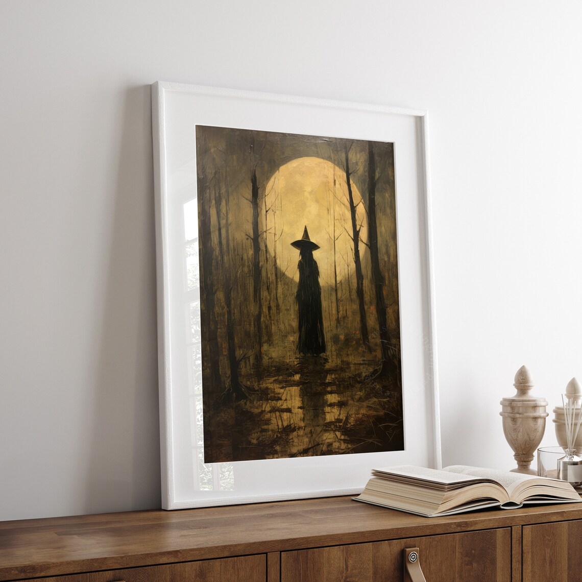 Witch Silhouette Before Giant Golden Full Moon Dark Forest Halloween Poster - Image 3