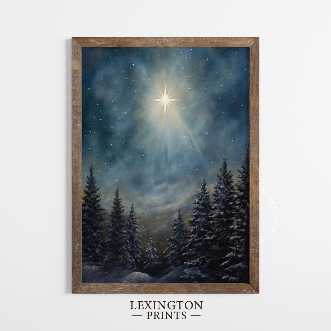 Shining Christmas Star Above Snowy Pine Forest Night Scene Print - Image 4