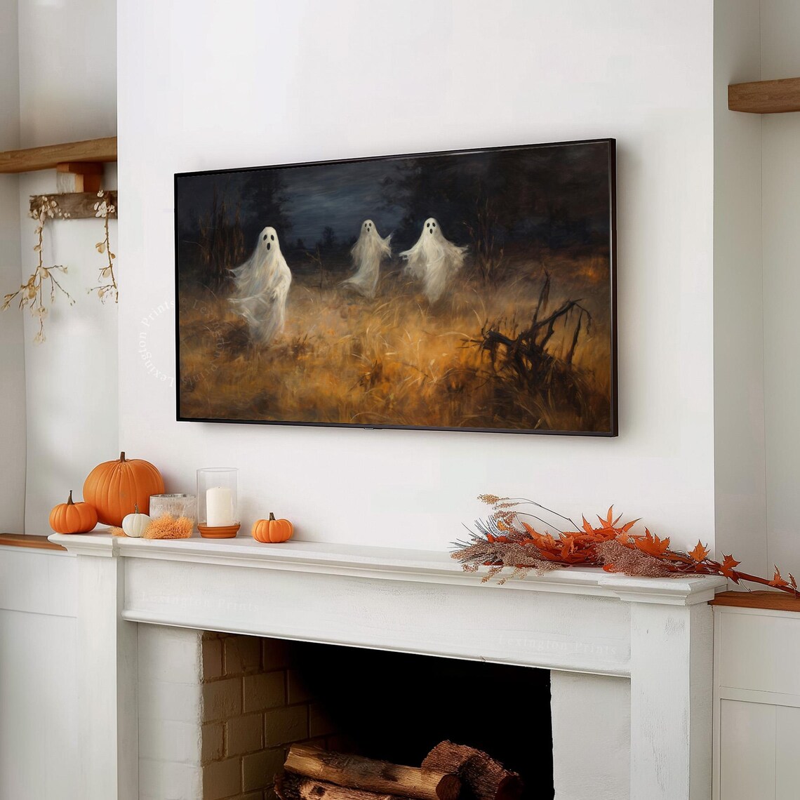 Three Dancing Ghosts in Golden Wheat Field Halloween Frame TV Art Print - Image 7