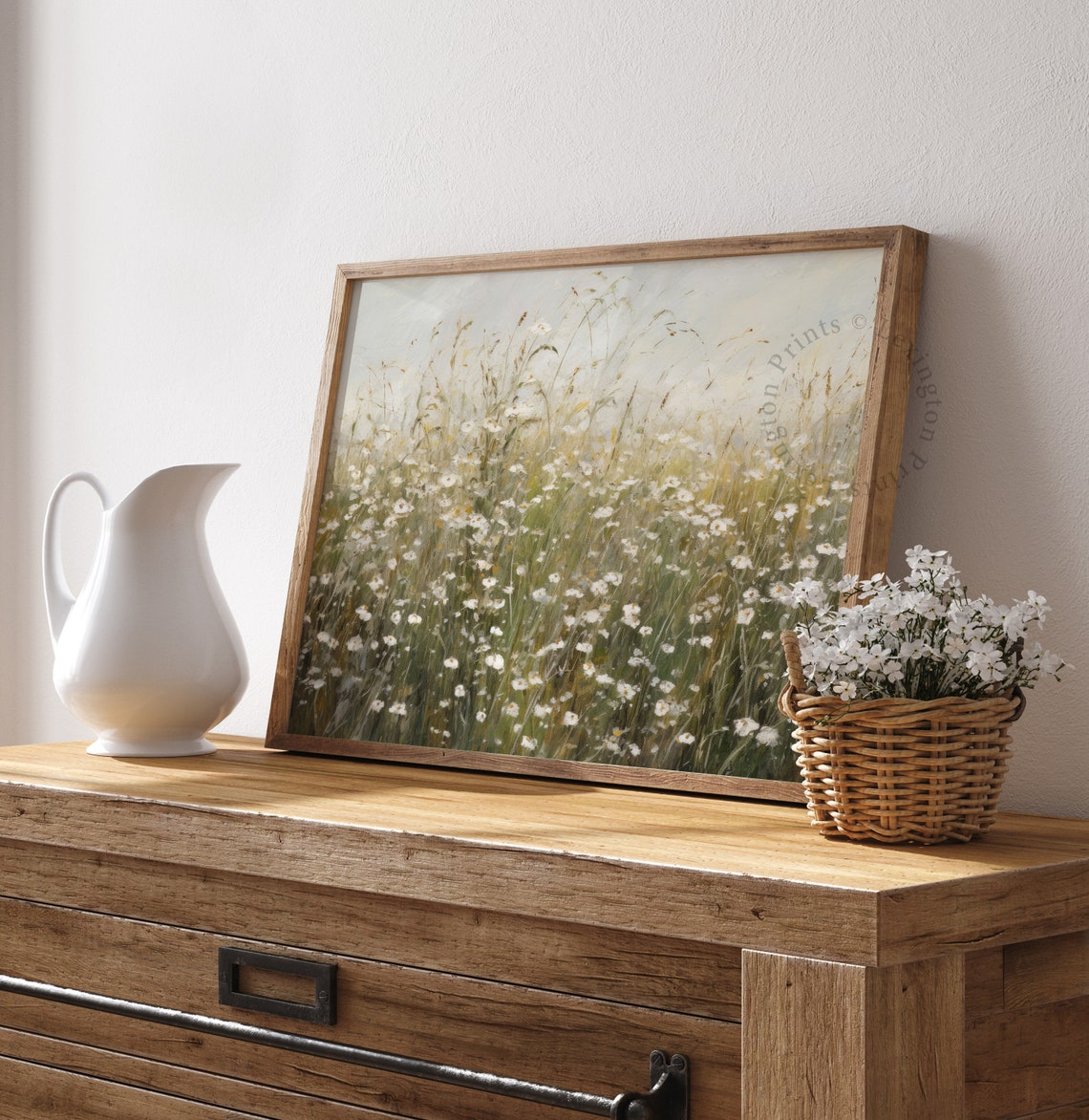 Misty Wildflower Meadow Daisy Field Soft Neutral Landscape Poster - Image 8
