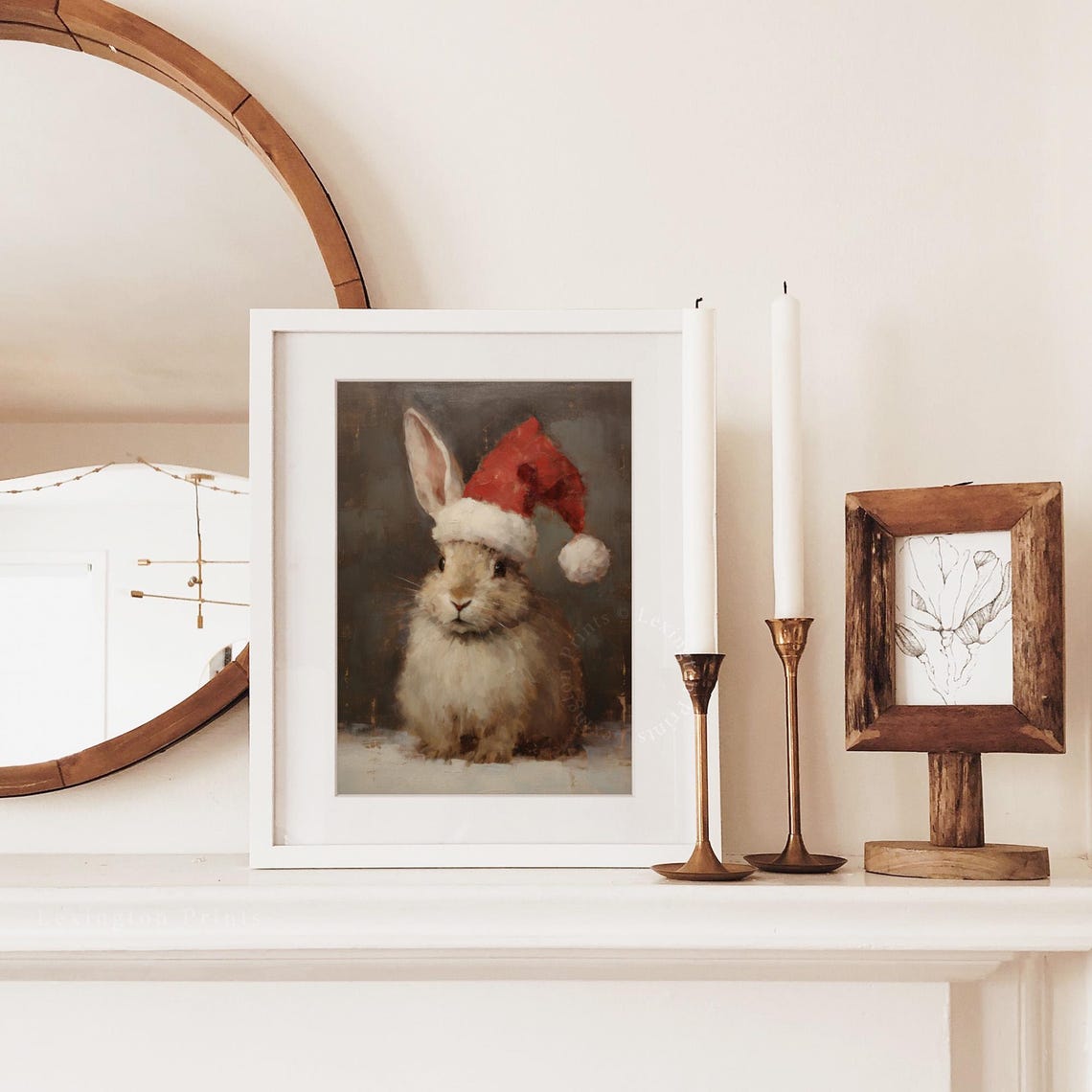 Cute Bunny Wearing Santa Hat Christmas Animal Portrait Art Print - Image 3