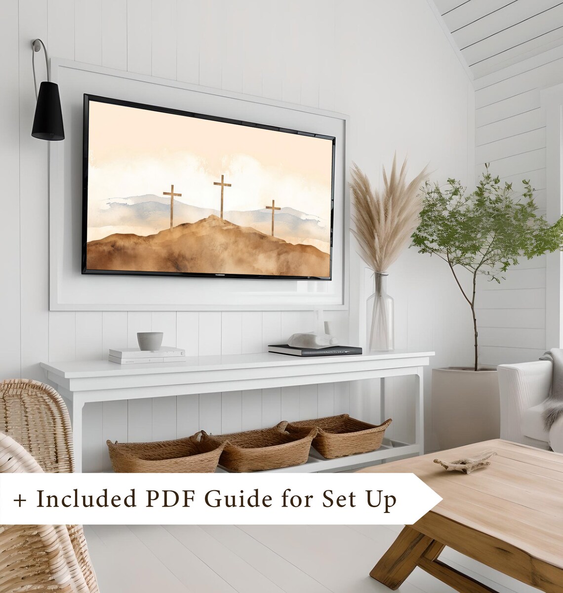 Three Wooden Crosses On Hill Soft Watercolor Sunrise Frame TV Art Poster - Image 8