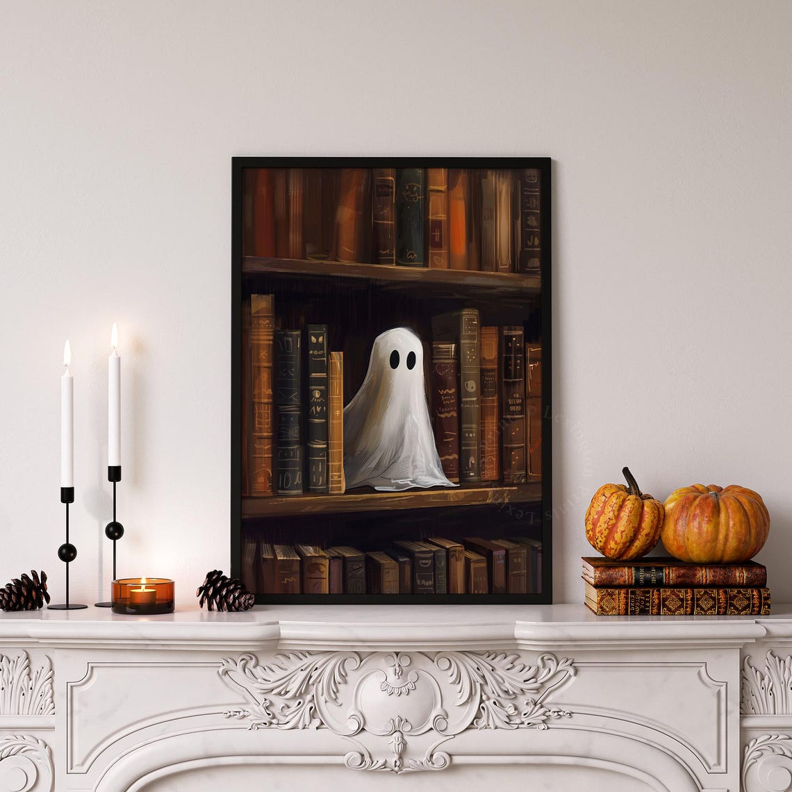 Little Ghost on Old Library Bookshelf Vintage Halloween Wall Art - Image 4