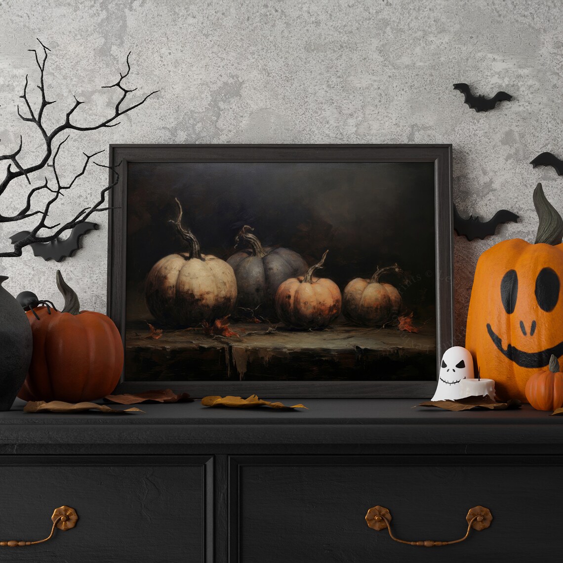 Dark Moody Pumpkin Still Life Autumn Harvest Oil Painting Poster - Image 6