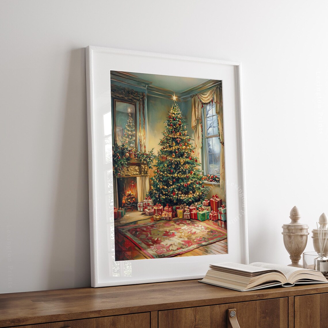 Cozy Living Room with Christmas Tree Fireplace and Gifts Poster - Image 3
