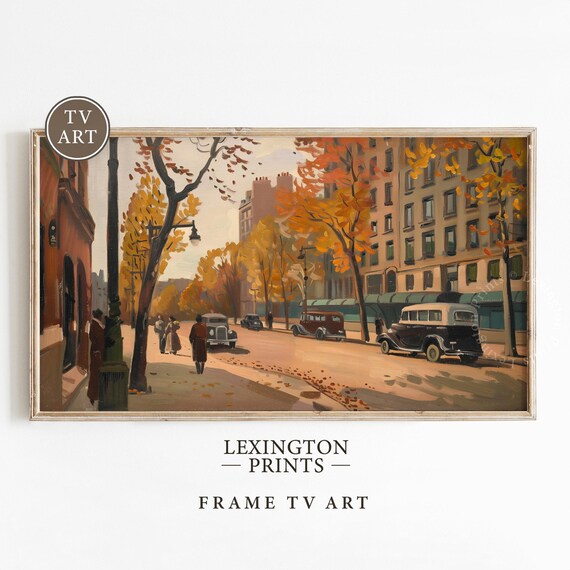 Retro Fall City Street with Vintage Cars Autumn Frame TV Art Print