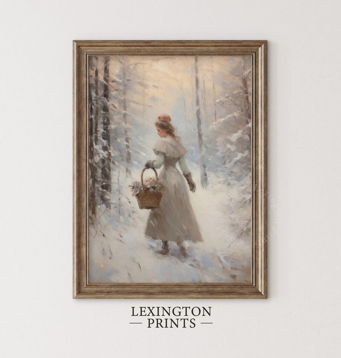 Woman Winter Forest Snowy Basket Vintage Moody Painting Poster - Image 2