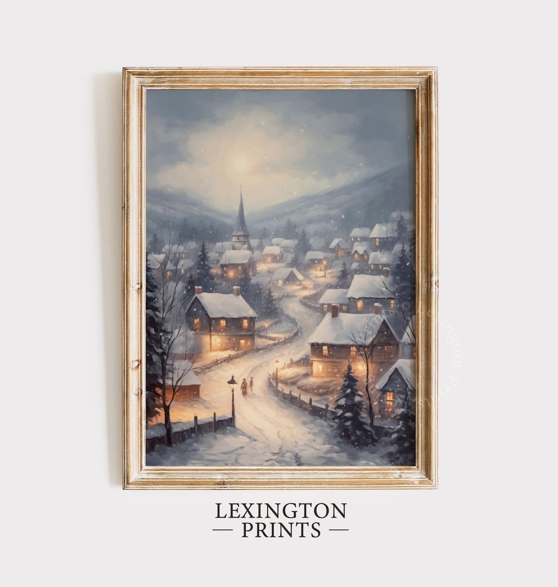 Snowy Christmas Village Town Church Night Winter Painting Poster - Image 5