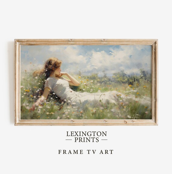 Woman Resting in Wildflower Meadow Dreamy Frame TV Art Summer Print