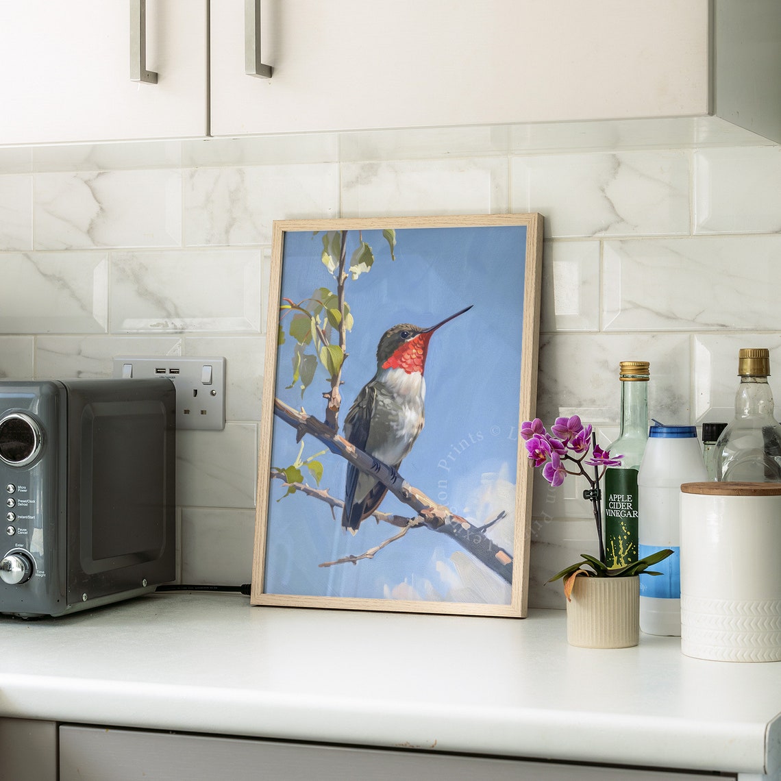 Ruby-Throated Hummingbird on Branch Blue Sky Summer Bird Poster - Image 4