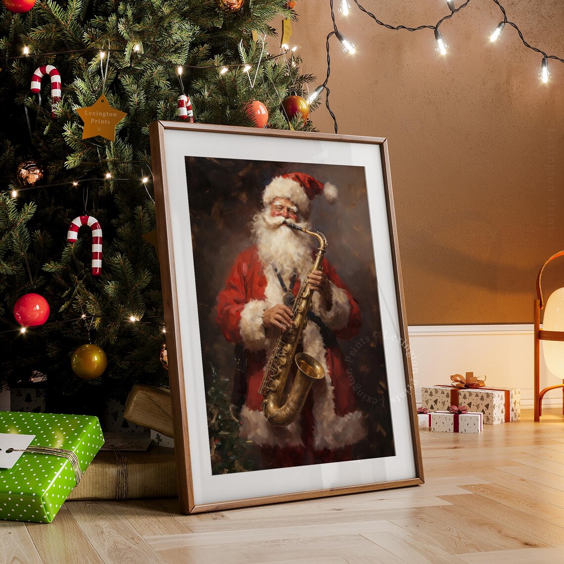 Santa Claus Playing Golden Saxophone Jazz Vintage Christmas Art Poster - Image 7