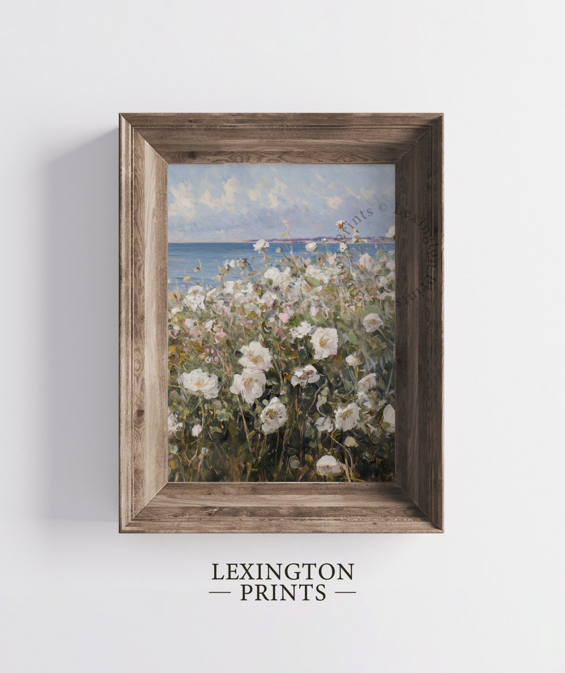 White Wildflowers by the Sea Coastal Summer Vintage Painting Poster - Image 6