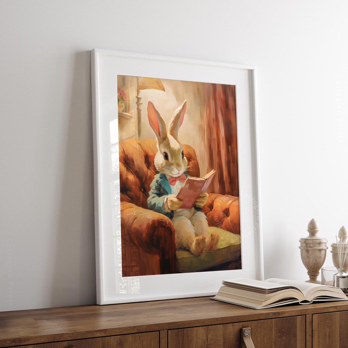 Dapper Rabbit Reading a Book in Leather Armchair Vintage Storybook Poster - Image 8