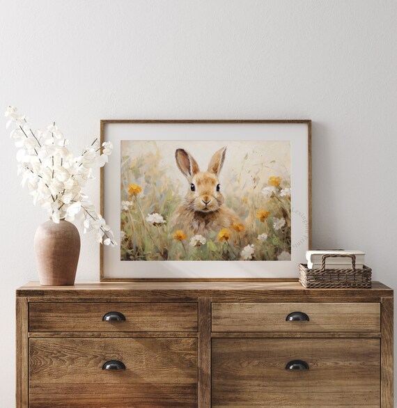 Curious Rabbit Among Orange Wildflowers Vintage Meadow Art Print